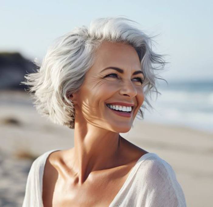 Smiling, mature woman standing on the beach