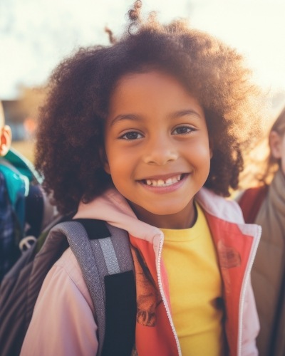 Smiling young girl wearing backpack outdoors