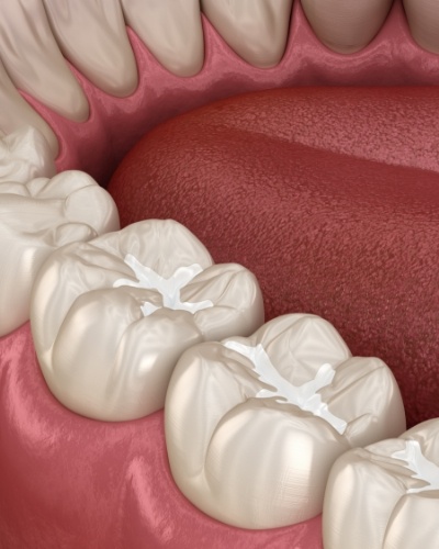 Illustrated row of teeth with white fillings